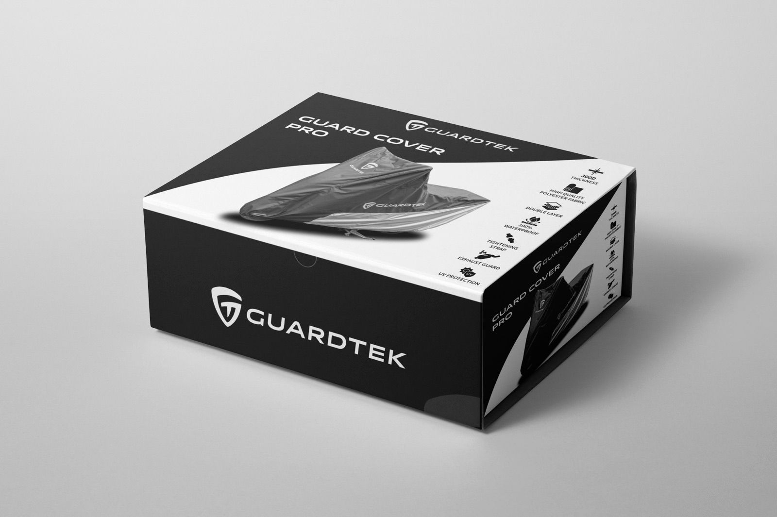 A black product box for a motorcycle cover, printed with the product name and spec icons